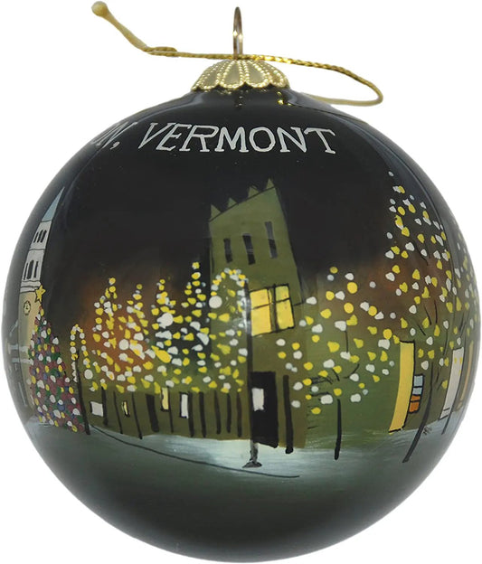 Hand Painted Glass Globe Ornament Burlington black night cityscape with illuminated windows on Tampa Home & Garden Store