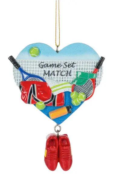 Tennis Game Set Match Heart Ornament blue heart with tennis gear and red shoes pendant on Tampa Home & Garden Store