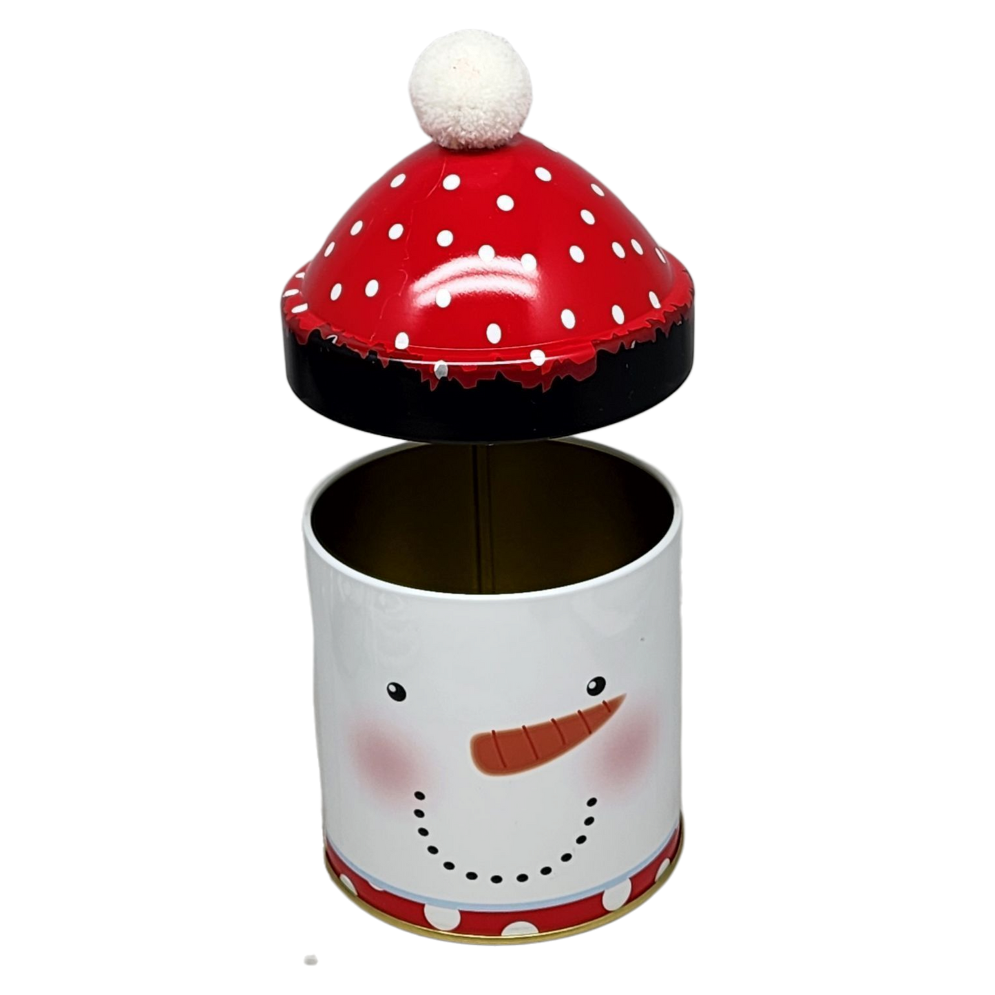 Snowman gift tin with red polka-dot hat and white pom-pom, smiling face on white tin on Tampa Home & Garden Store
