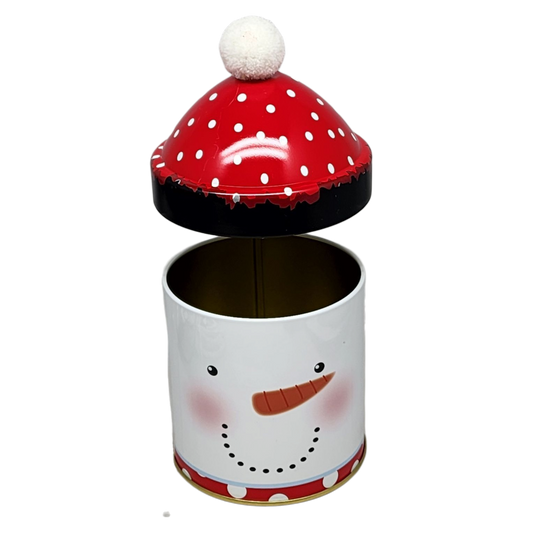 Snowman gift tin with red polka-dot hat and white pom-pom, smiling face on white tin on Tampa Home & Garden Store