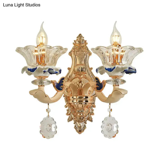 Brass wall sconce light with two crystal flower shades, ornate gold finish Decorbites on Tampa Home & Garden Store
