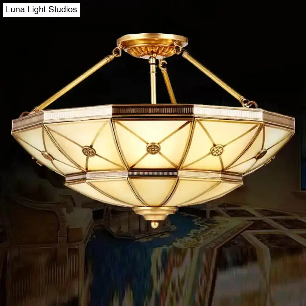 Plafonnier semi-encastré 6/9 lumières en verre dépoli, style parapluie, laiton traditionnel, 23,5"/32" l.