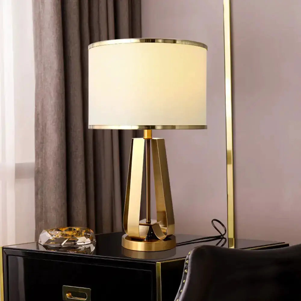 Decorbites gold drum shade nightstand lamp with fabric shade on black lacquer side table on Tampa Home & Garden Store