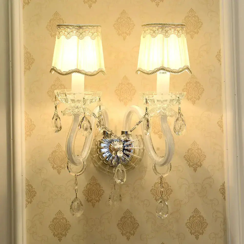 White 2-light Candle Wall Lamp with crystal accents and scalloped shade on Tampa Home & Garden Store