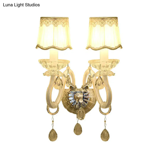 Traditional White Candle Wall Lamp with Clear Crystal Accent and Scalloped Fabric Shade - Tampa Home & Garden Store