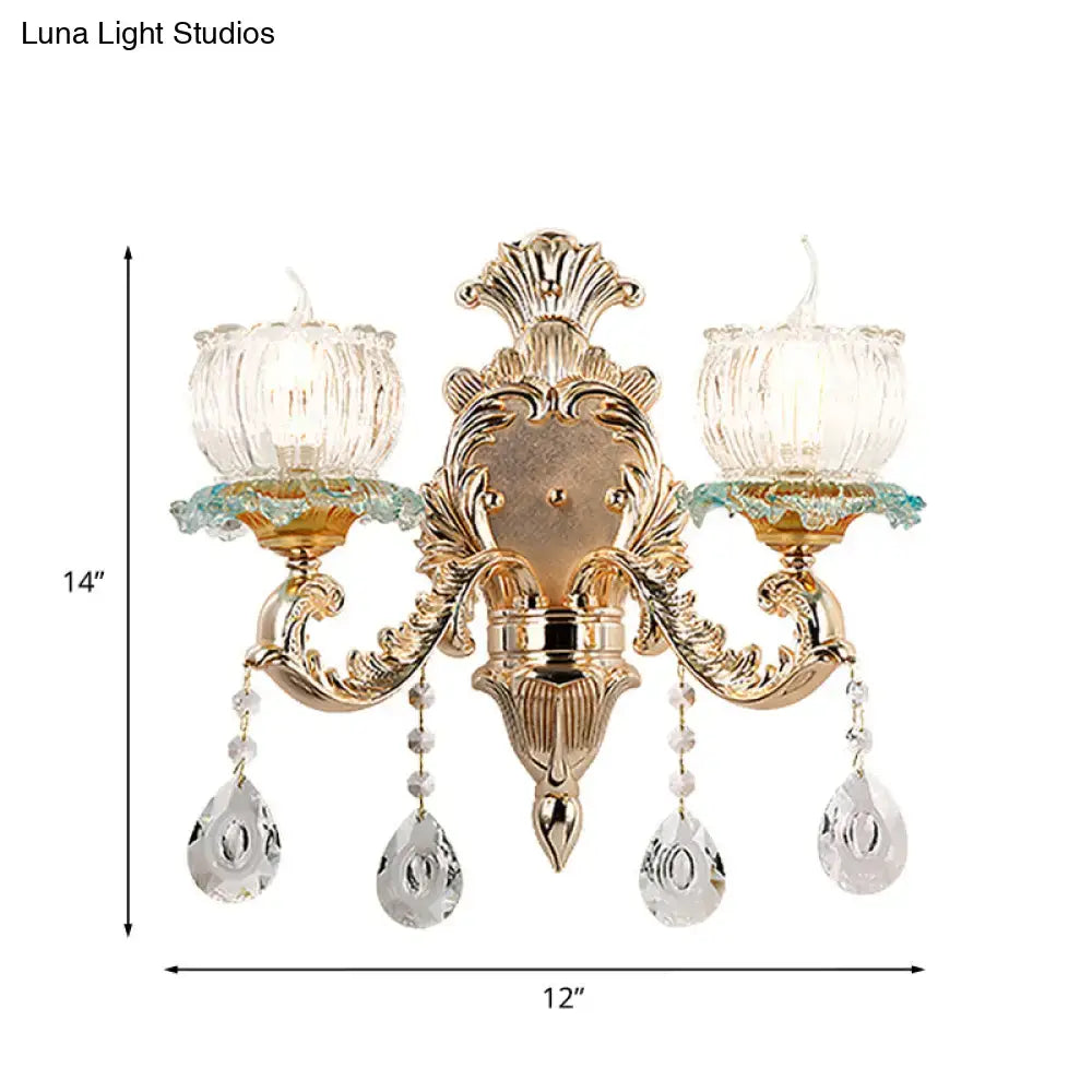 Traditional 2-Light Crystal Wall Mount Lamp in Gold - Elegant Restaurant Wall Lighting