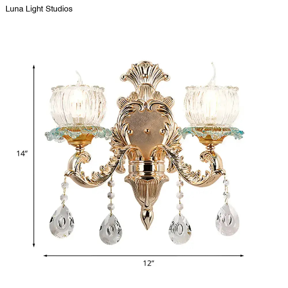 Traditional 2-Light Crystal Wall Mount Lamp Gold wall sconce with hanging teardrop crystals on Tampa Home & Garden Store