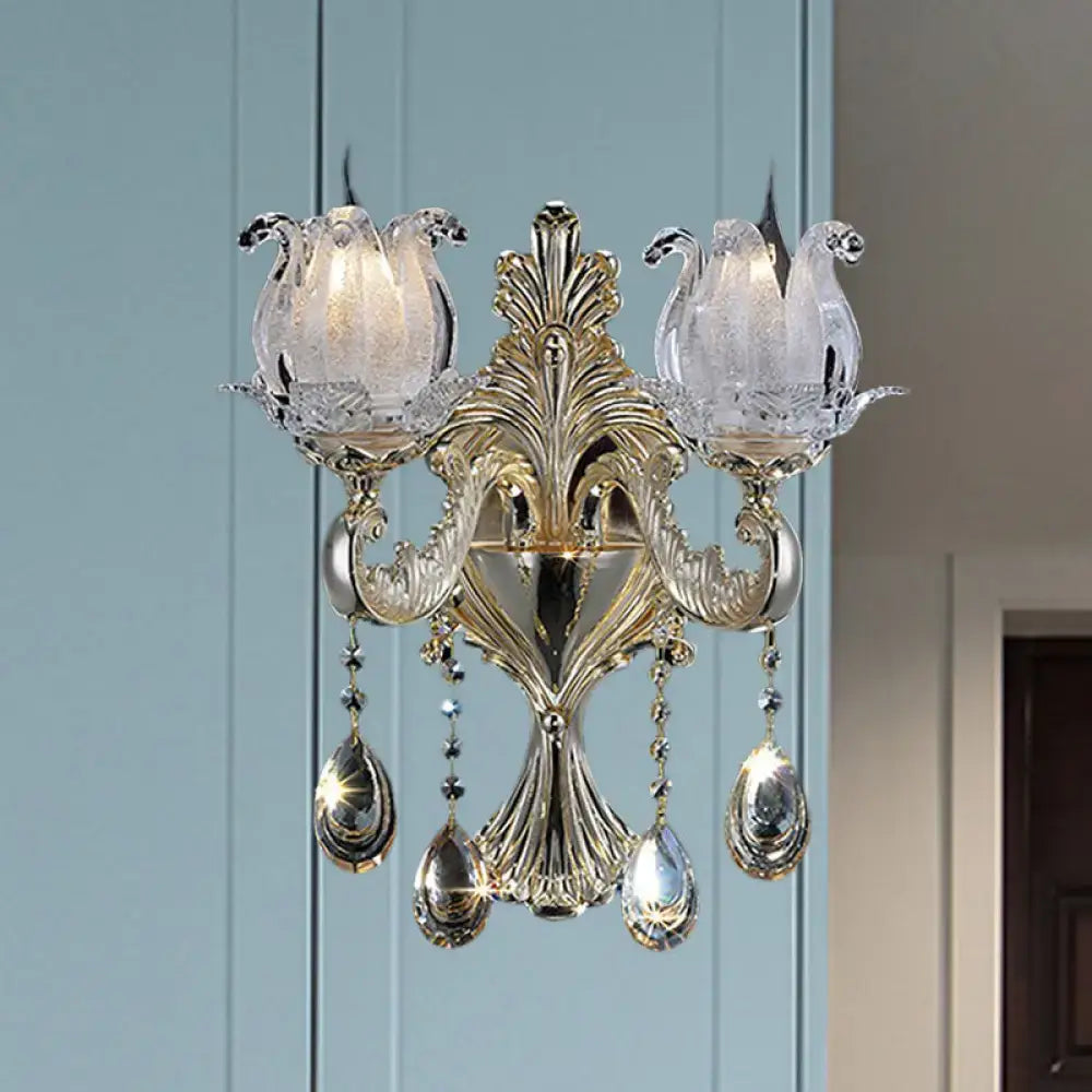 Traditional Gold Semi-Open Flower Frosted Glass Sconce for Living Room Wall.