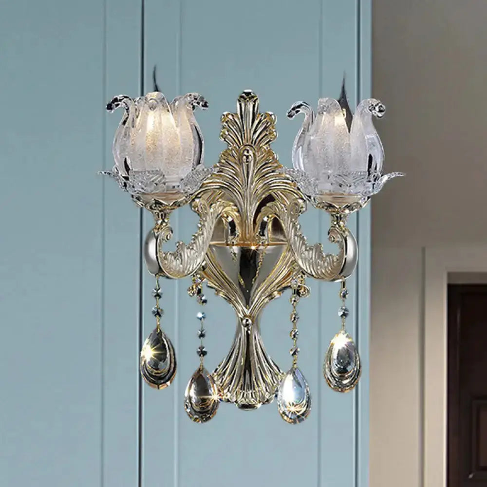 Traditional gold flower frosted glass dual-lamp wall sconce with crystal drops on Tampa Home & Garden Store