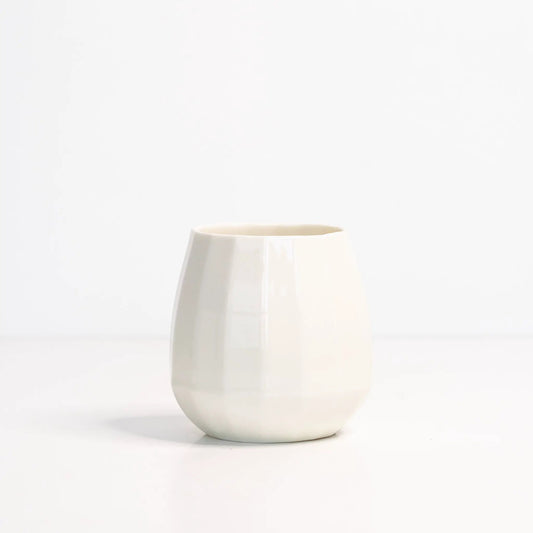 Ember Collective translucent porcelain wine glass, white stemless with faceted sides on Tampa Home & Garden Store