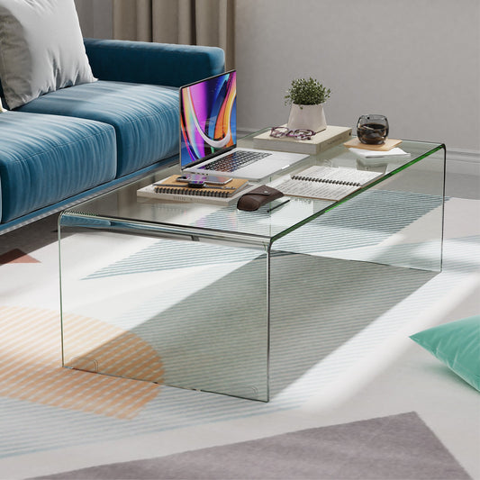 42 x 19.7 Inch Clear Tempered Glass Coffee Table with Rounded Edges-Transparent - Tampa Home & Garden Store
