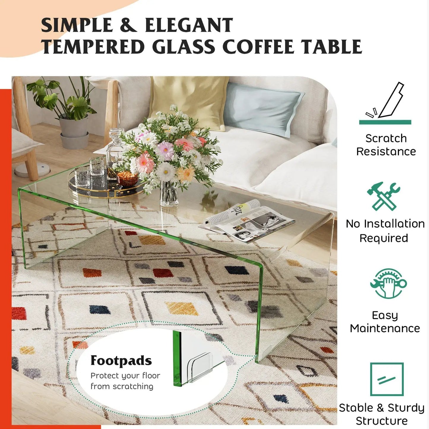 42 x 19.7 Inch Clear Tempered Glass Coffee Table with Rounded Edges-Transparent - Tampa Home & Garden Store