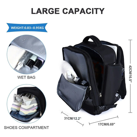 Travel Backpack Women's Large Capacity Daypack, black with shoe and wet bag compartments on Tampa Home & Garden Store