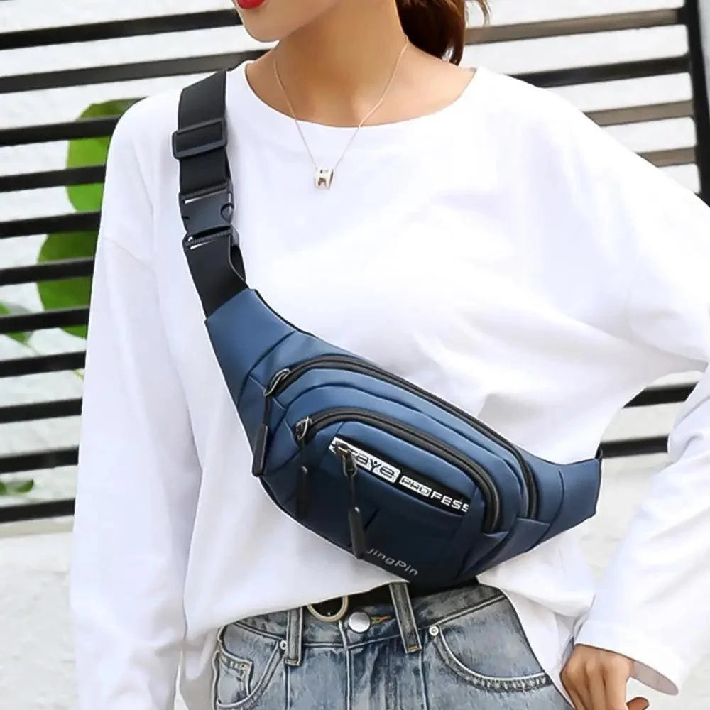 Stevvex blue waist bag fanny pack with adjustable strap and multiple zip pockets on Tampa Home & Garden Store