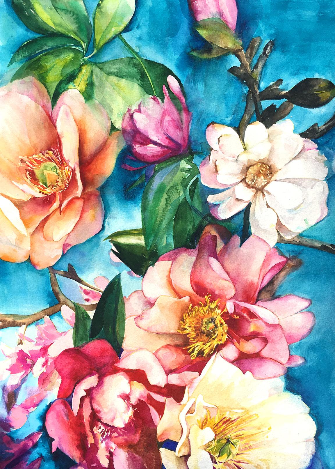 Lámina artística floral tropical – Ilustración de naturaleza muerta de flores exóticas brillantes, calidad de archivo, lista para colgar