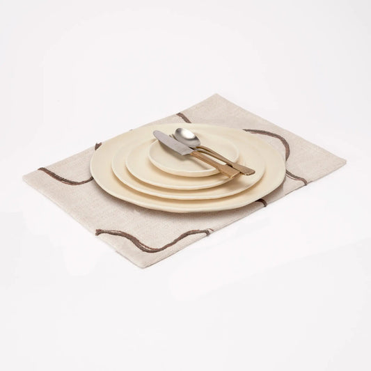 Signature Placemats set of 2 with stitch linework, beige linen-textured mats with brown border on Tampa Home & Garden Store