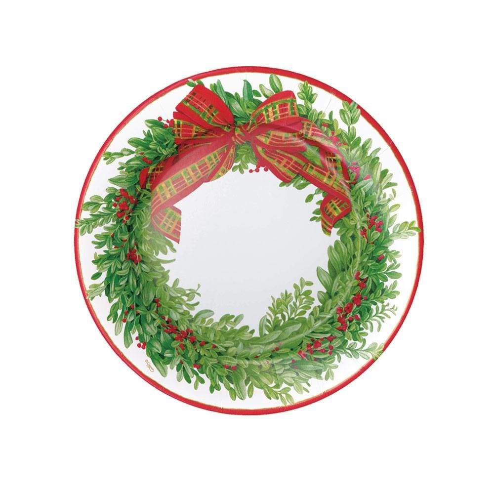 Boxwood and Berries wreath paper salad plates with green foliage and red bow on Tampa Home & Garden Store