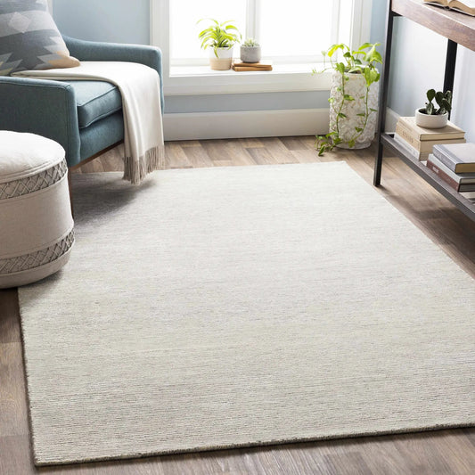 Orcas Hand Tufted Wool Blend Rug Aqua in a bright living room with a blue sofa and green plants on Tampa Home & Garden Store