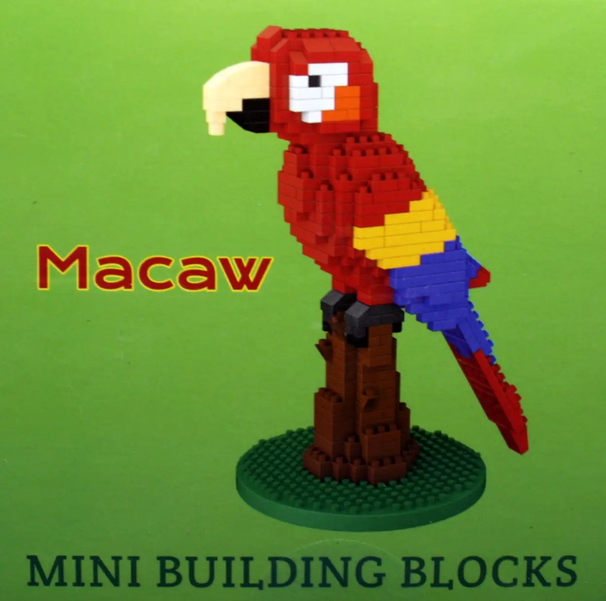 Macaw mini building blocks kit, 356-piece interlocking parrot on green base on Tampa Home & Garden Store