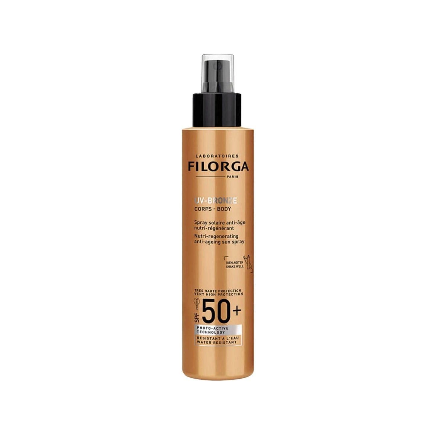 Bronzer Filorga UV-Bronze Body SPF 50+ bronzing sunscreen spray bottle in metallic bronze, 150ml on Tampa Home & Garden Store