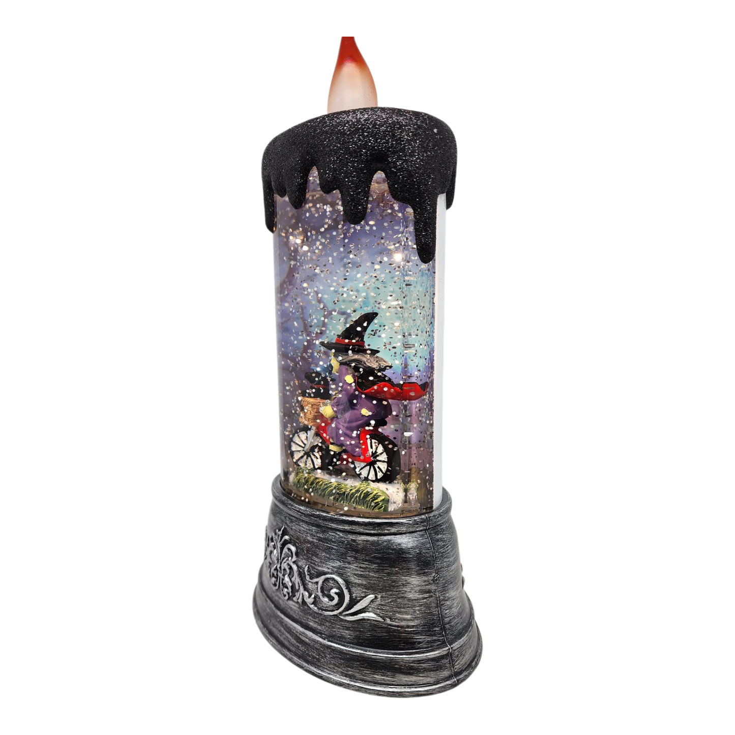 Enchanting Halloween Witch Water Globe Candle with black wax drips and glittery scene on Tampa Home & Garden Store