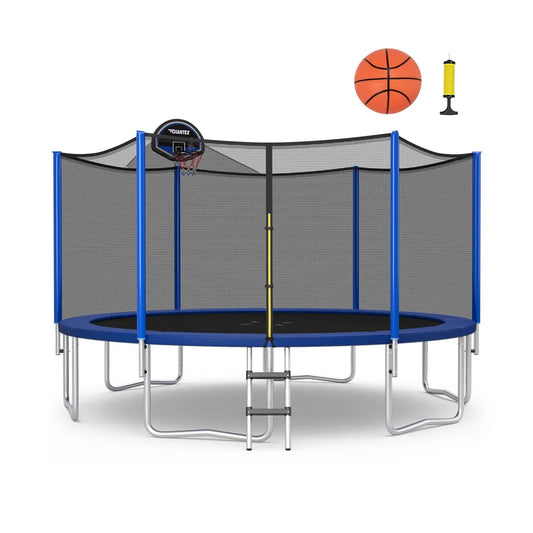 DirectDeals 12–16 ft trampoline with blue frame and enclosure net includes ball and pump on Tampa Home & Garden Store