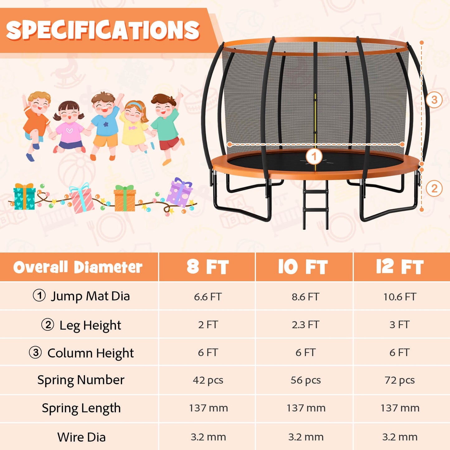 12FT ASTM Approved Recreational Trampoline with Ladder-Black