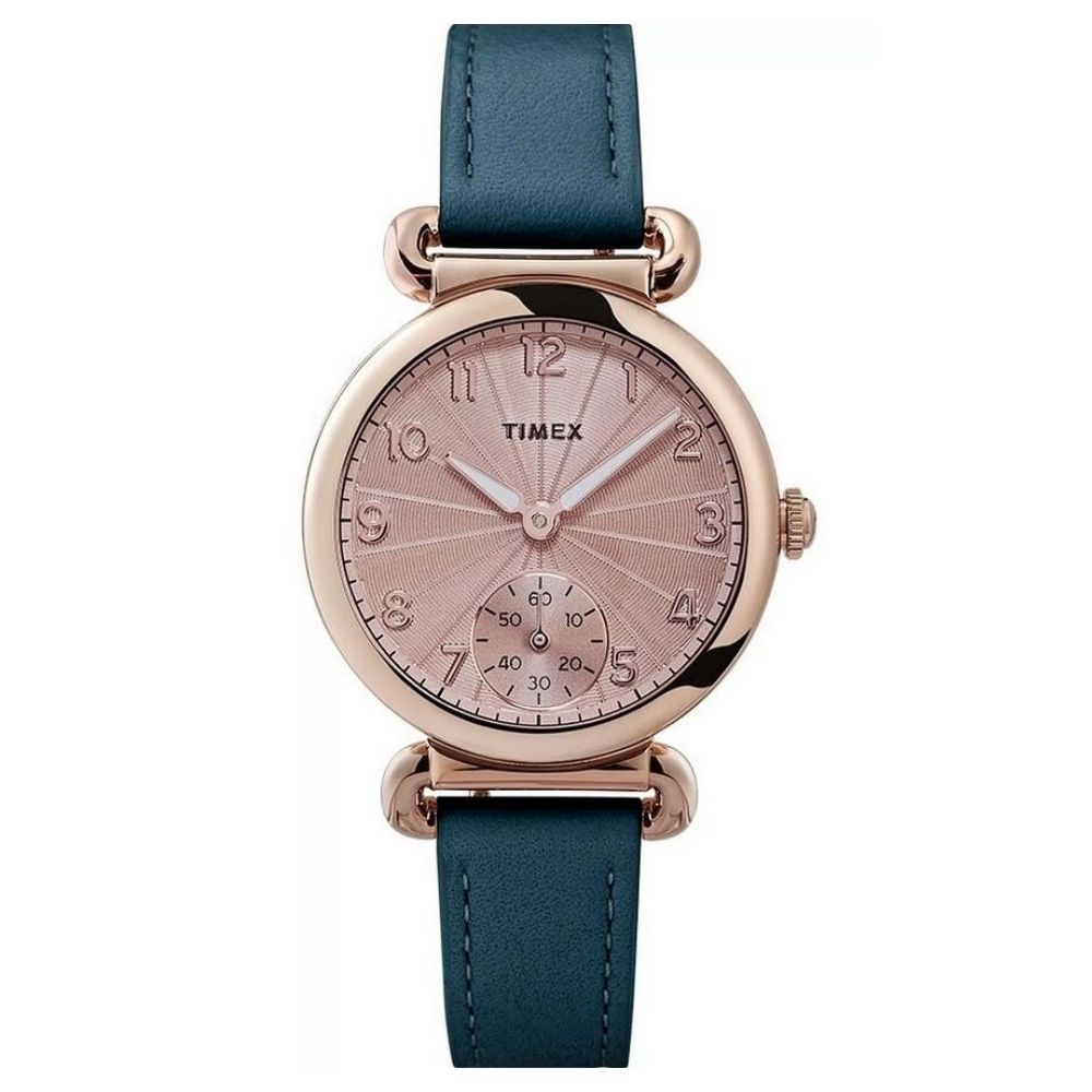 Timex Women's Model23 watch with rose-gold case, pink dial, teal strap on Tampa Home & Garden Store