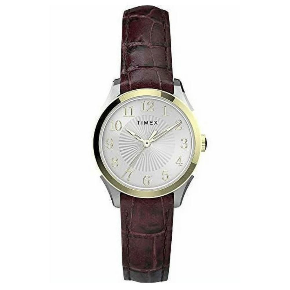 Timex Briarwood women's watch with brown leather strap, gold-tone bezel, silver dial on Tampa Home & Garden Store