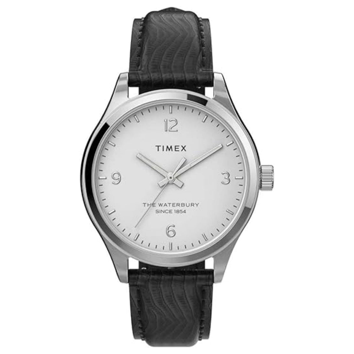 Timex women's classic watch with white dial, silver case and black textured leather strap on Tampa Home & Garden Store