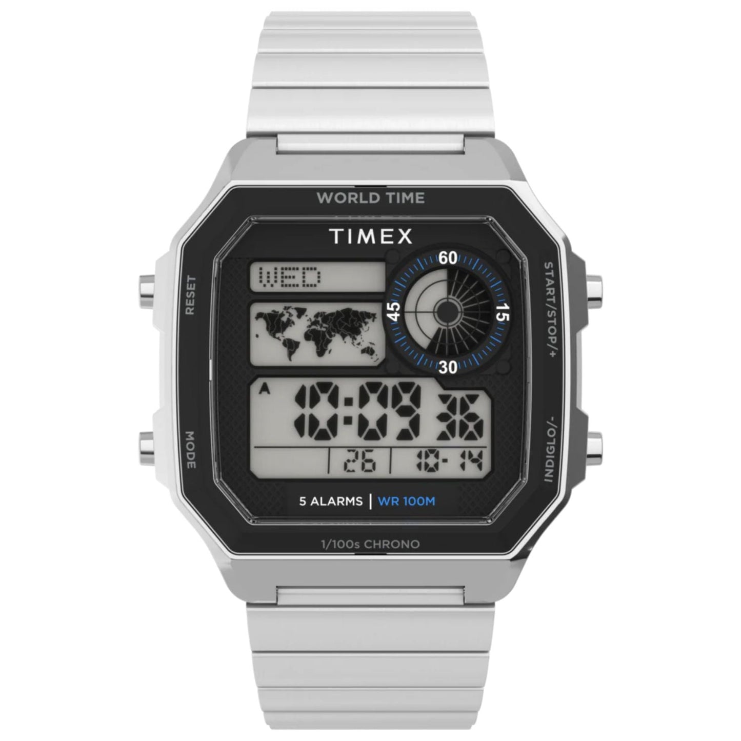 Timex men's Main Street watch with stainless steel band and digital world-time display on Tampa Home & Garden Store