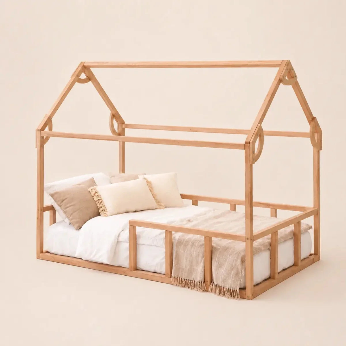 Twin size Montessori house bed with fence in natural wood finish by Goodevas for toddlers on Tampa Home & Garden Store