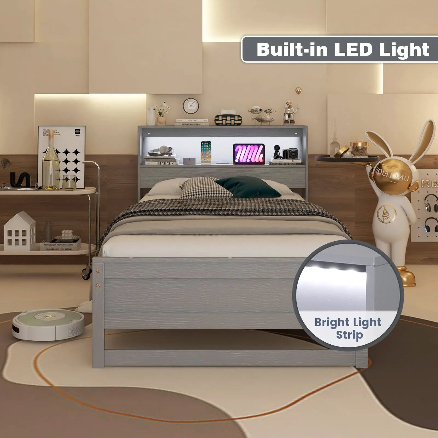 Twin bed frame with storage headboard, built-in LED light and charging station by DirectDeals on Tampa Home & Garden Store