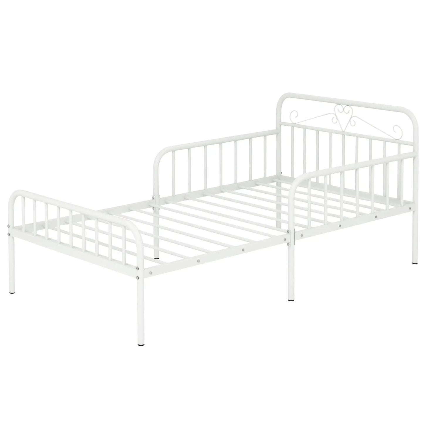 Twin size metal bed frame with headboard and guardrails in white, DirectDeals platform bed on Tampa Home & Garden Store
