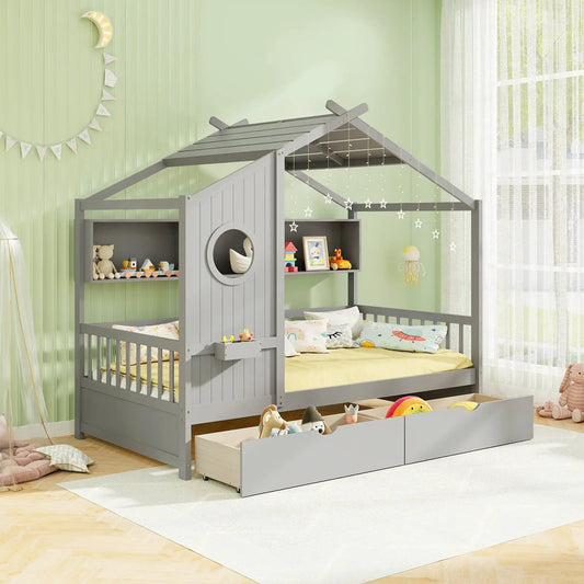 Twin House Bed gray with two drawers, guardrails and cabin bed for kids DirectDeals on Tampa Home & Garden Store