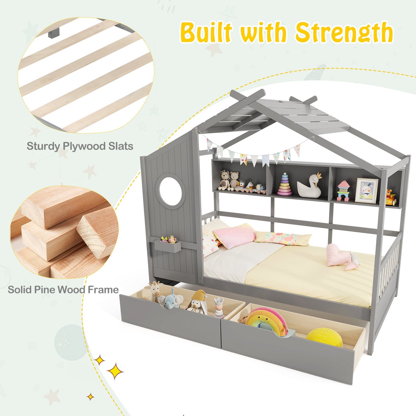 Cama con diseño de casa tamaño Twin con 2 cajones de almacenamiento y barandales de seguridad-Gris