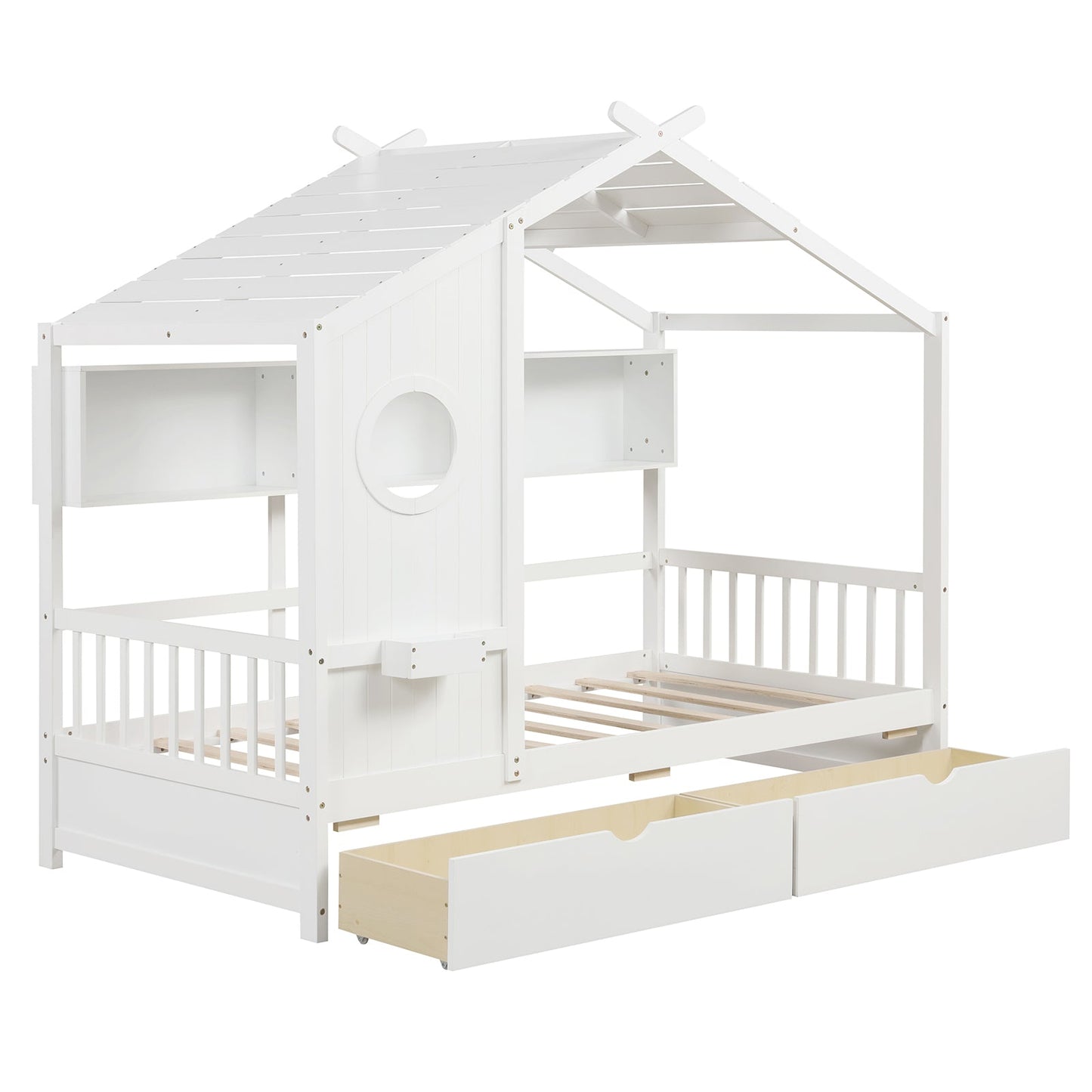 Twin Size House Bed with 2 Storage Drawers and Fence Guardrails-Gray - Tampa Home & Garden Store