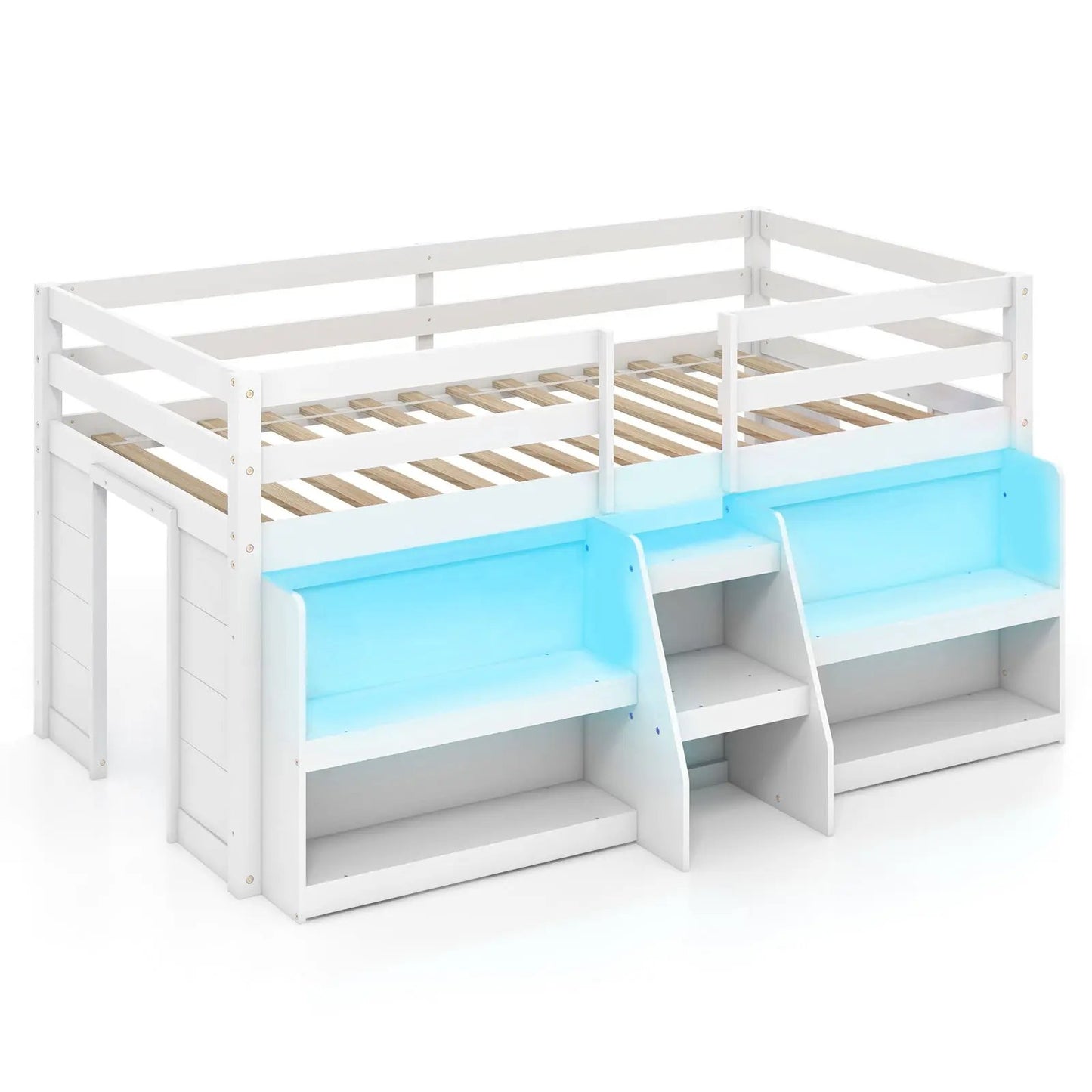 White twin loft bed with guardrails over a blue play area and built-in cubby storage on Tampa Home & Garden Store