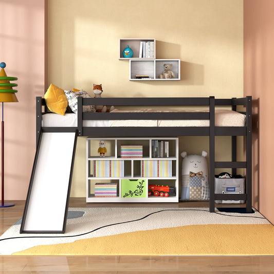 Twin Size Low Sturdy Loft Bed with Slide Wood-Dark Brown - Tampa Home & Garden Store
