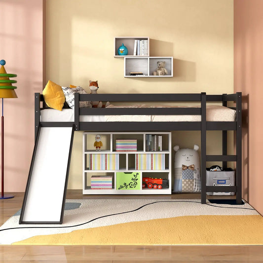Twin size low loft bed with slide in dark wood; slide left, ladder right, under-bed storage on Tampa Home & Garden Store