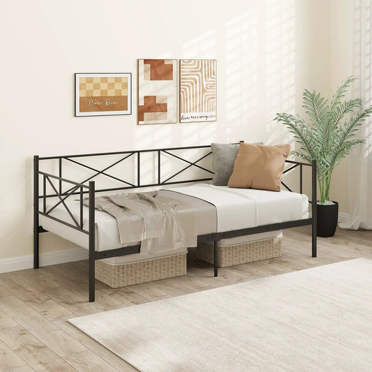 Twin size black metal platform bed with slat support, neutral bedding, and under-bed baskets on Tampa Home & Garden Store