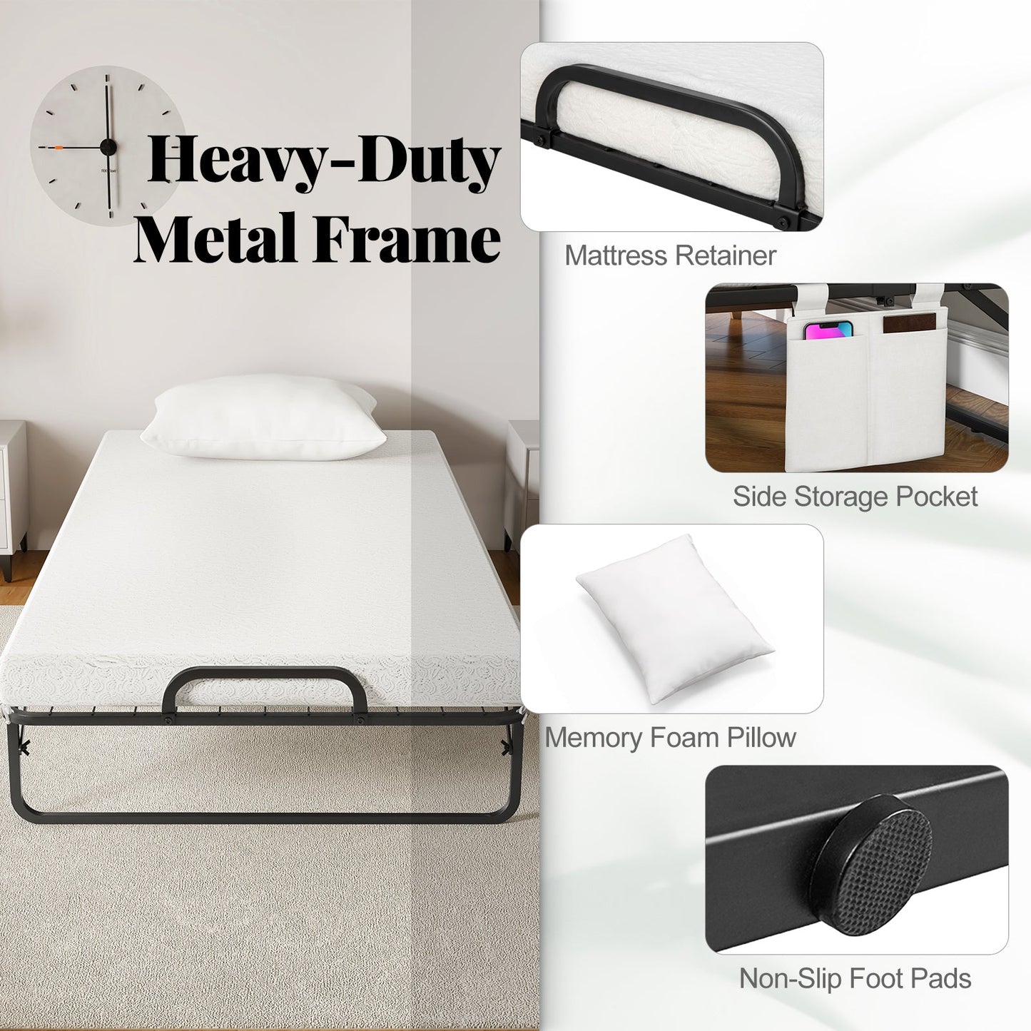 Cama Plegable con Ruedas Tamaño Twin para Huéspedes con Almohada y Funda