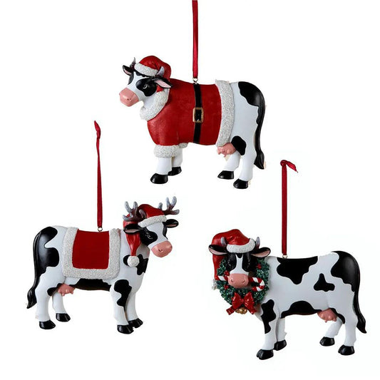Resin Christmas cow ornament set of 3 in Santa outfits with red ribbons on Tampa Home & Garden Store