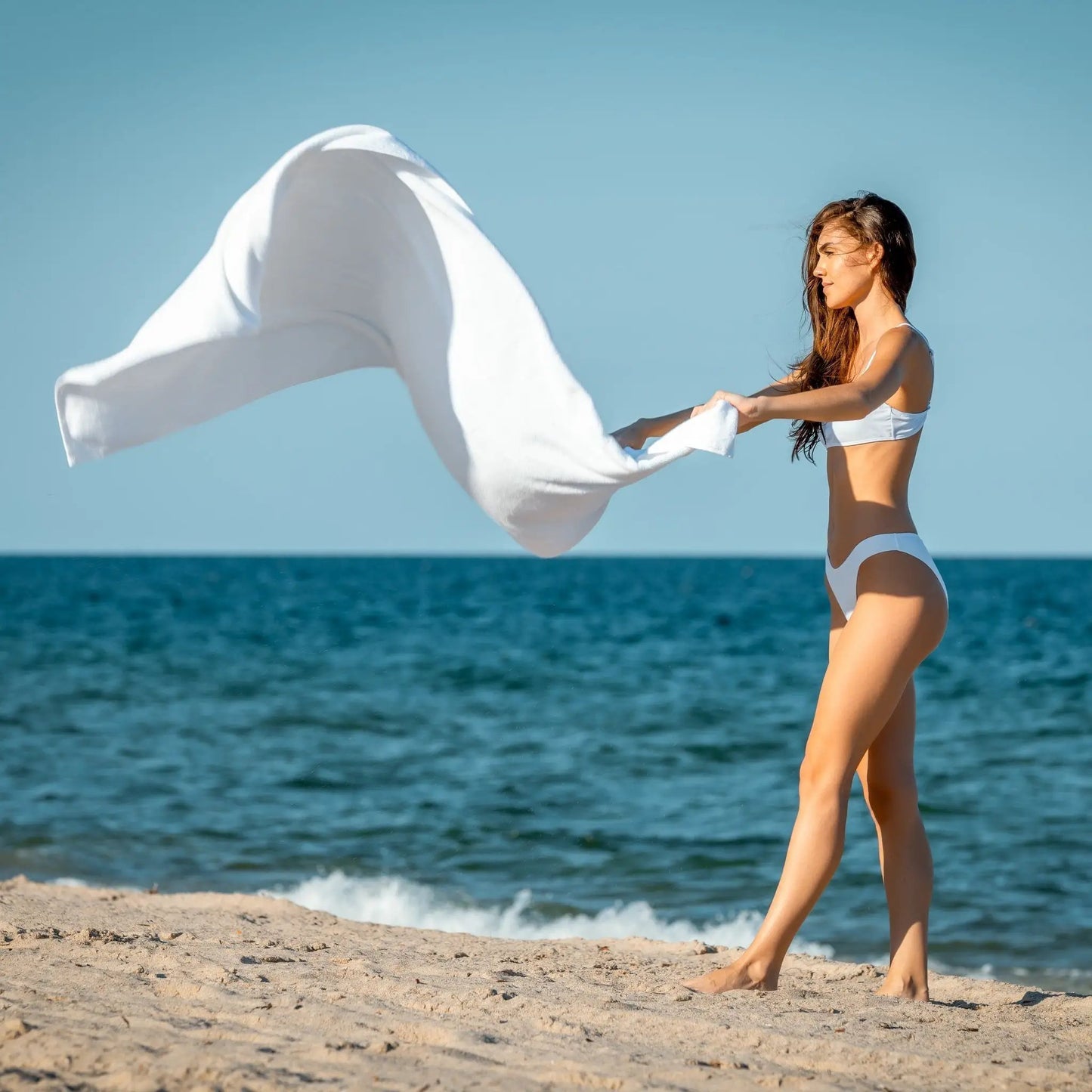 Luxury Organic Bath Sheets Two-Pack by ecobrands, white GOTS-certified towels at the beach on Tampa Home & Garden Store