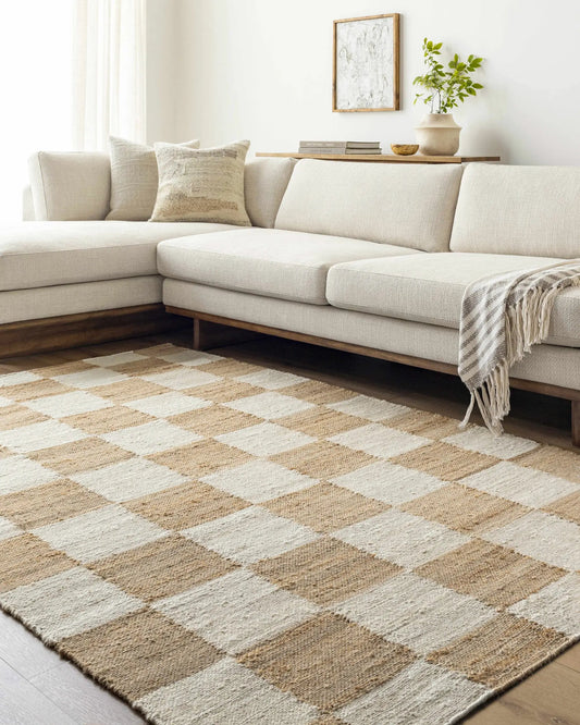 Kamey Becki Owens x Livabliss Boky 2302 Area Rug in beige and tan woven checker pattern on Tampa Home & Garden Store