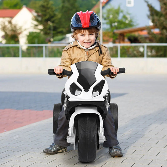 6V Kids BMW Licensed 3-Wheel Electric Motorcycle ride-on, white/black body, child wearing helmet on Tampa Home & Garden Store