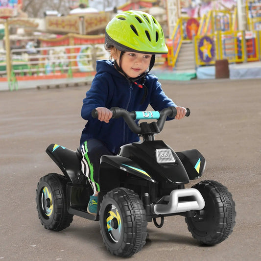 6V Kids Electric ATV ride-on toy black with teal accents 4-wheel rider wearing neon helmet on Tampa Home & Garden Store