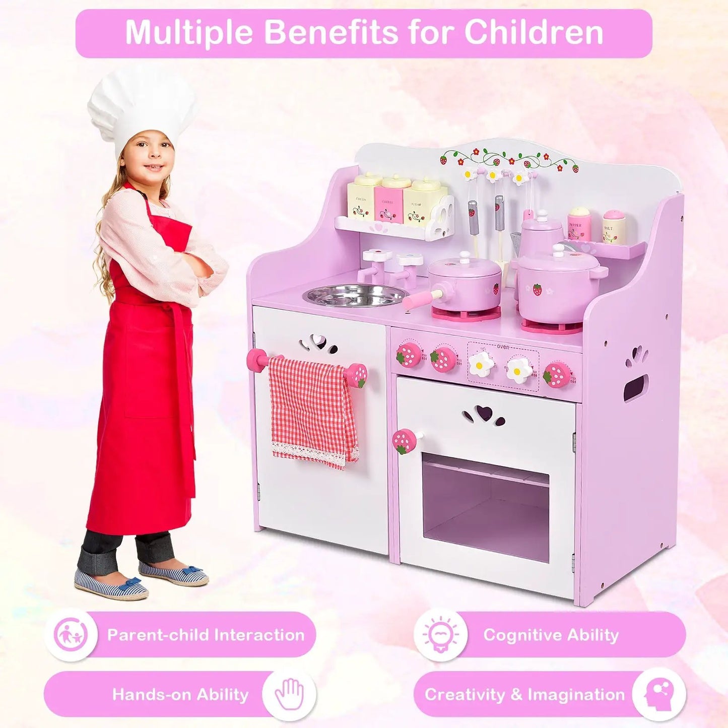 Kids wooden strawberry kitchen playset in pastel pink with pots and utensils by DirectDeals on Tampa Home & Garden Store