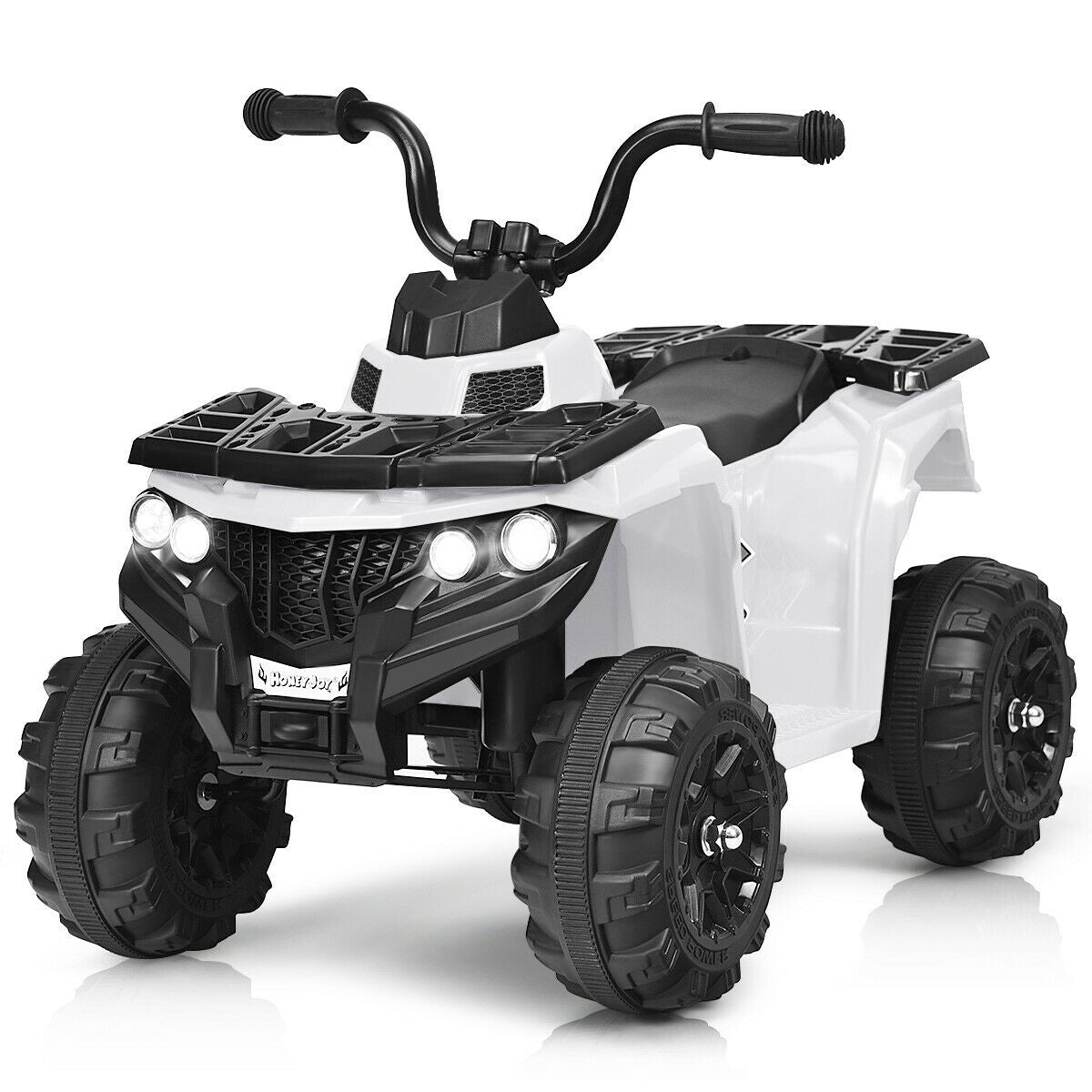 Kids' ride-on ATV toy in white and black with large knobby tires, handlebars and seat on Tampa Home & Garden Store