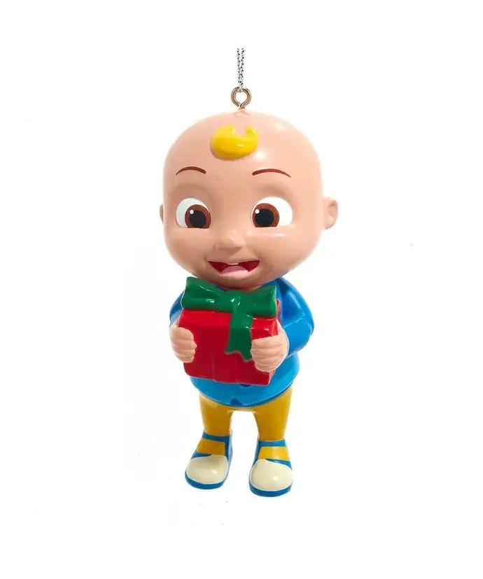 Cocomelon JJ ornament holding red gift with green ribbon licensed by Country Christmas Loft on Tampa Home & Garden Store